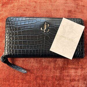 JIMMY CHOO Croc Embossed Zip Around Leather Wallet Navy
